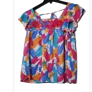 Savanna Jane boho Embroidery yorke Flutter Sleeve Tie Back Multicolored Top